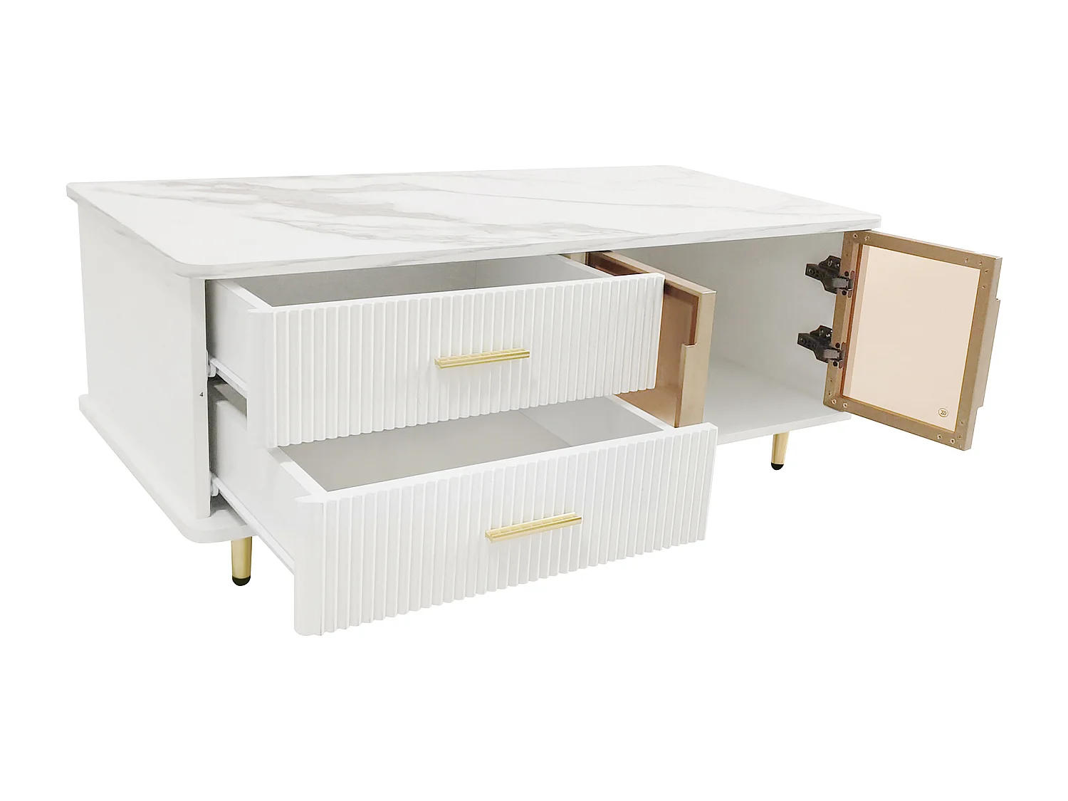 Table basse 100x50x40 cm, LED multicolore, 2 tiroirs et 2 portes, panneau de particules, blanc