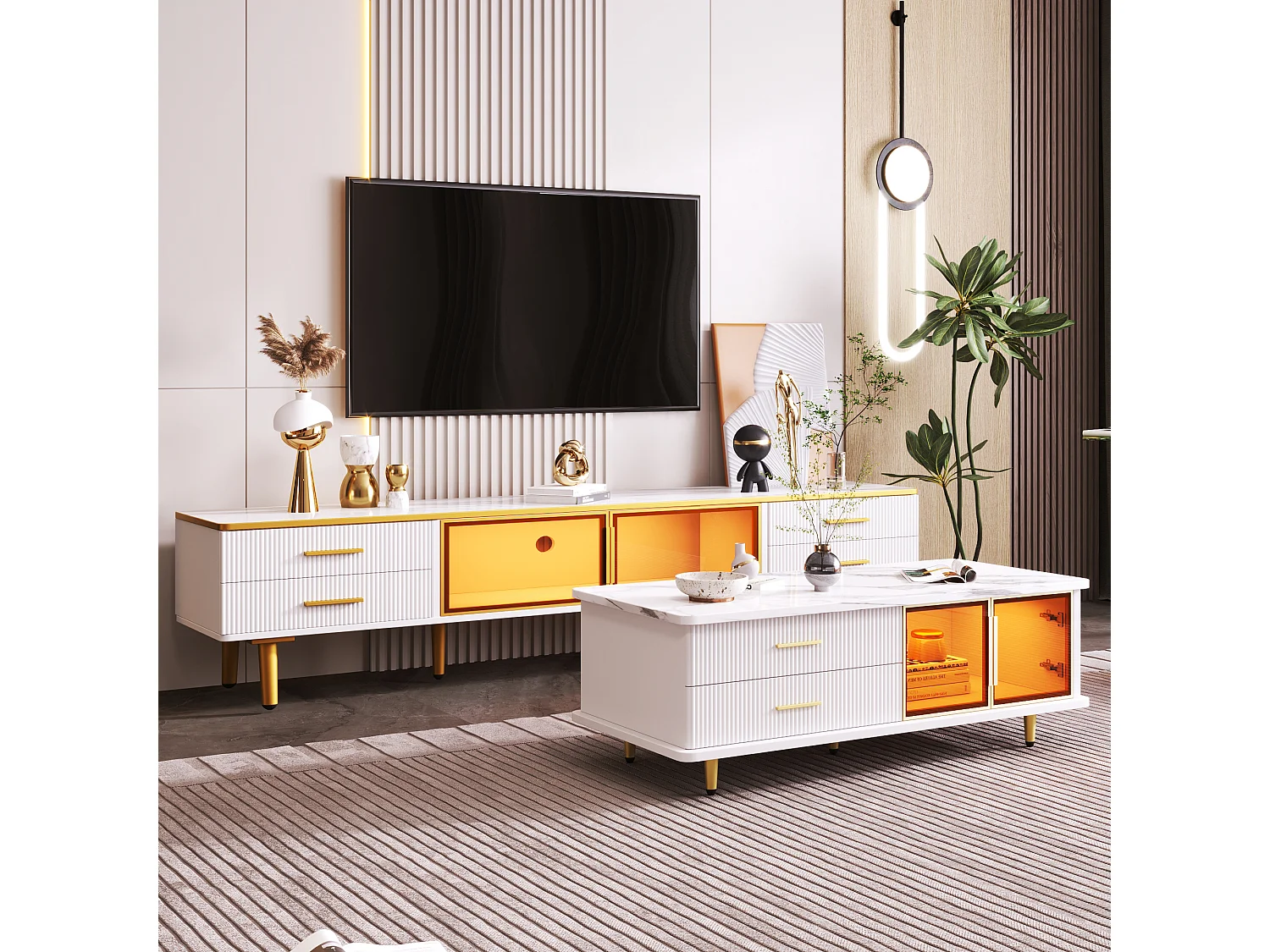 Table basse 100x50x40 cm, LED multicolore, 2 tiroirs et 2 portes, panneau de particules, blanc