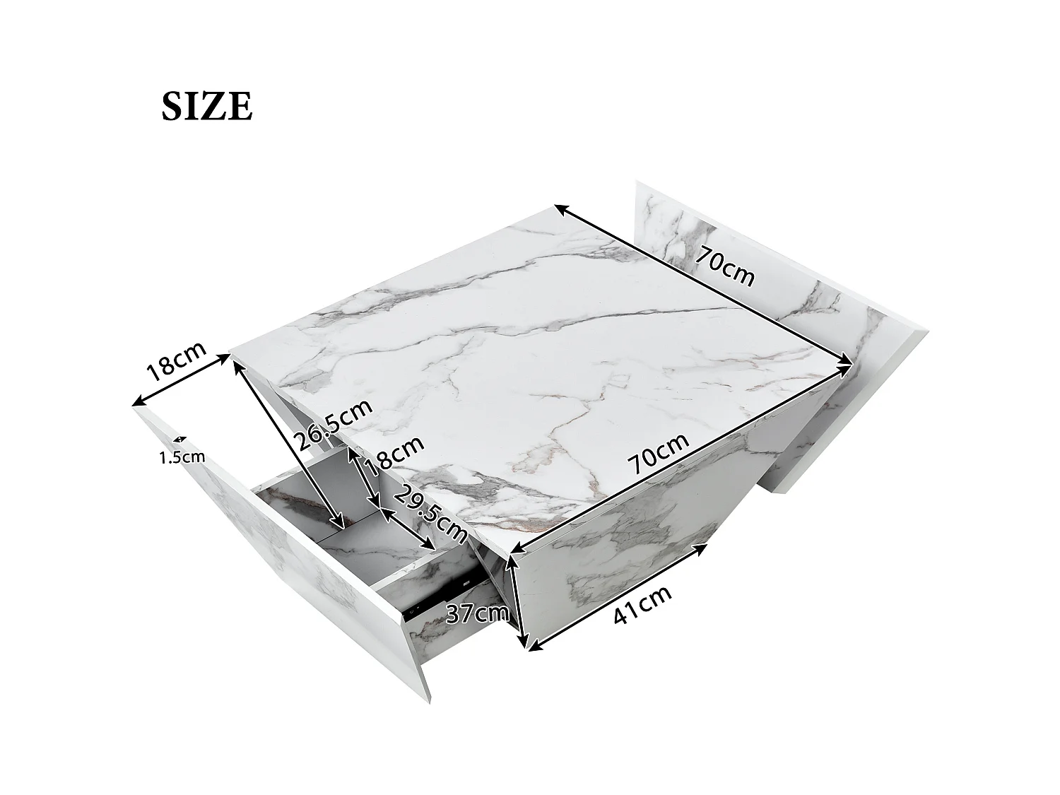 Trapeziumvormige salontafel 70x70x37cm wit marmer afwerking modern design voor woonkamer