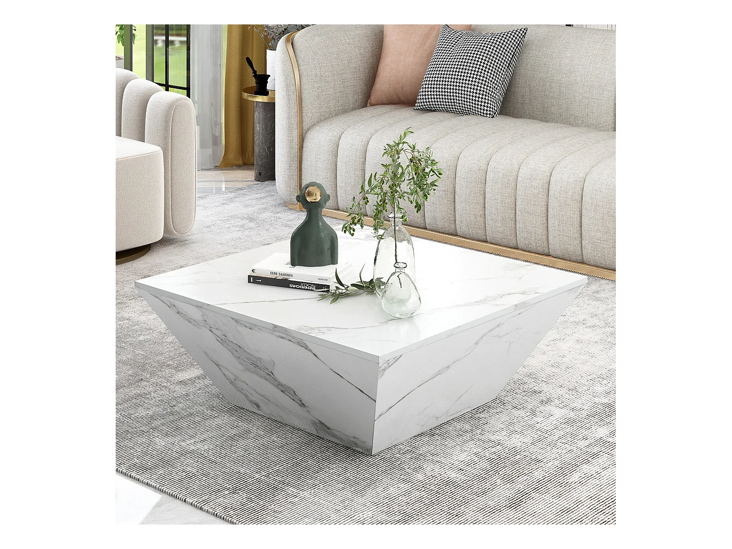 Trapeziumvormige salontafel 70x70x37cm wit marmer afwerking modern design voor woonkamer