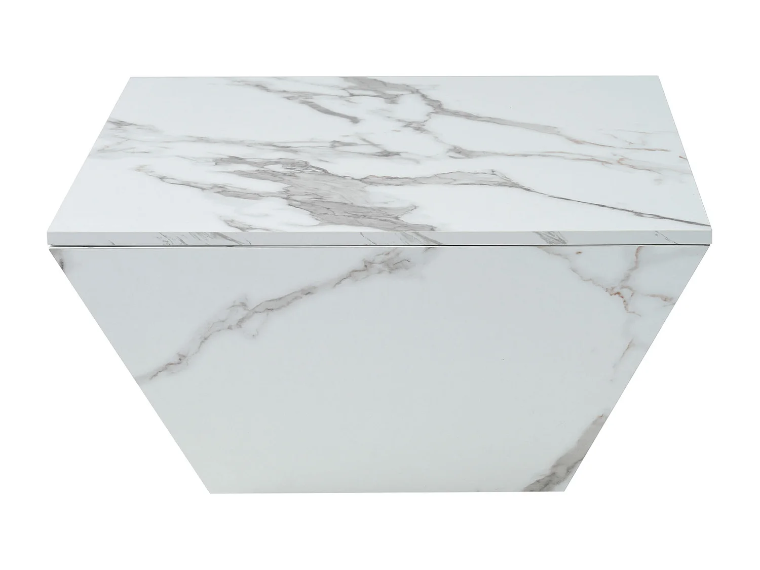 Table basse trapézoïdale 70x70x37 cm, 2 tiroirs, plateau épais et lisse, MDF, blanc