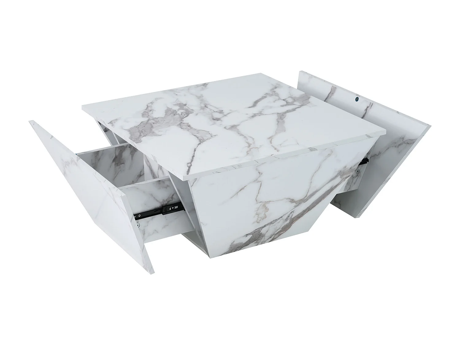 Table basse trapézoïdale 70x70x37 cm, 2 tiroirs, plateau épais et lisse, MDF, blanc