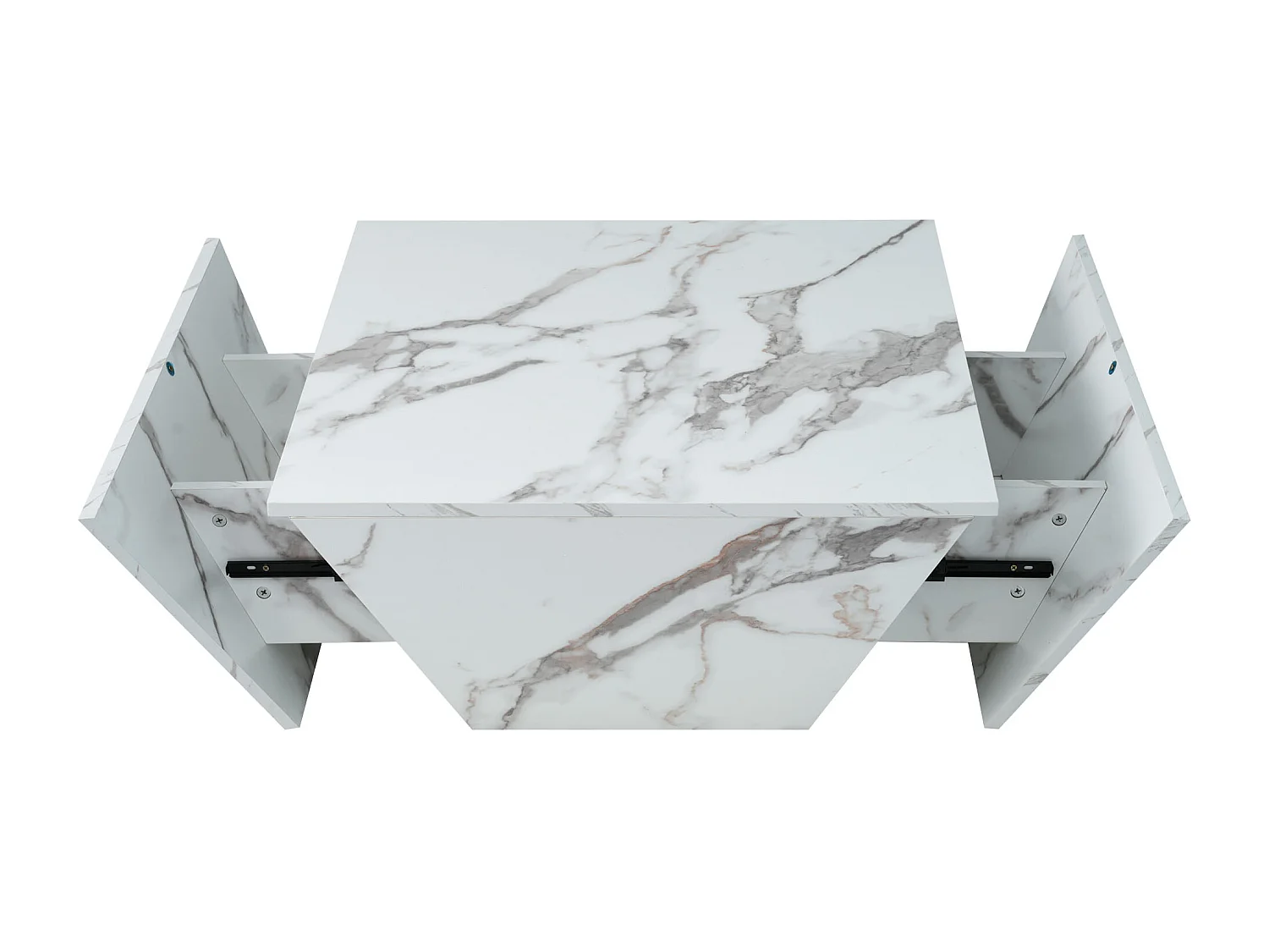 Table basse trapézoïdale 70x70x37 cm, 2 tiroirs, plateau épais et lisse, MDF, blanc