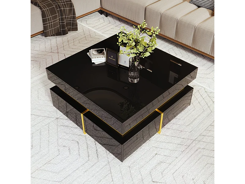 Table basse 70x70x35.5 cm avec deux tiroirs panneaux de particules en noir pour salon