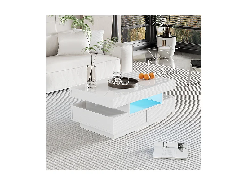 Table basse 80x50x36cm Avec ruban LED Trois compartiments ouverts et quatre tiroirs cachés Matériel Particle Board Blanc