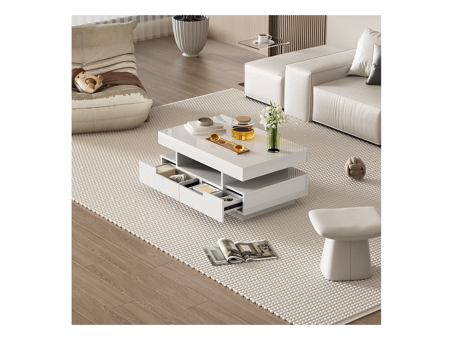 Salontafel 80x50x36cm met LED lichtstrip drie open compartimenten en vier verborgen laden brengen Materiaal Spaanplaat en Wit