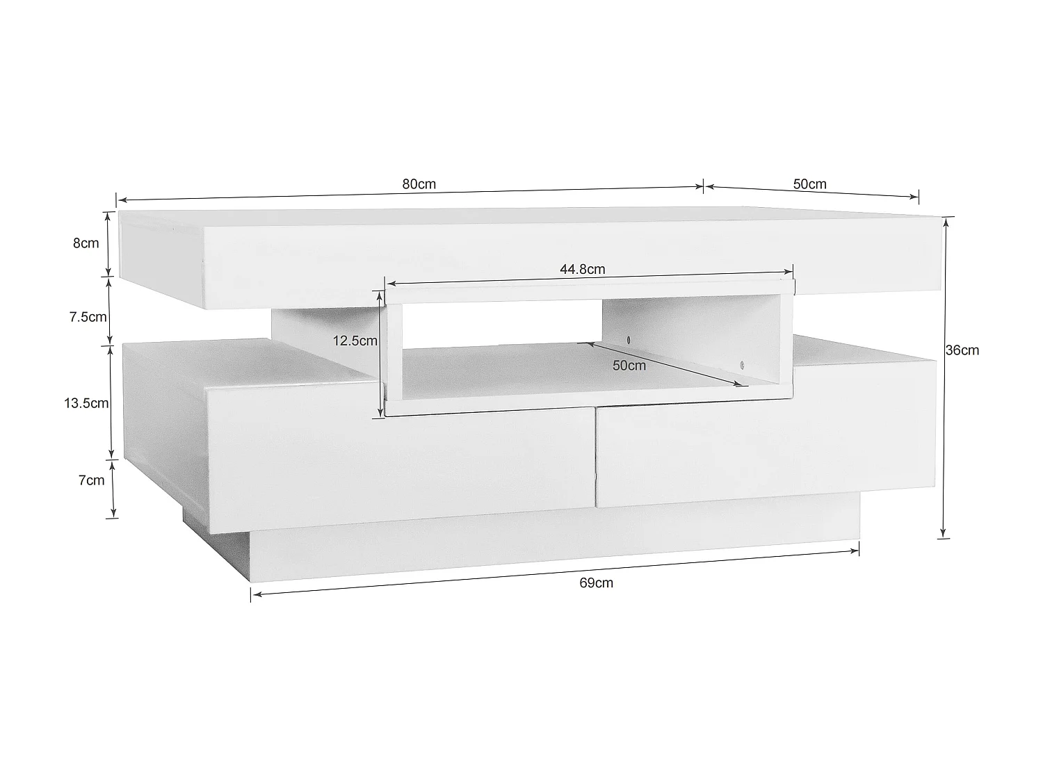 Table basse 80x50x36cm Avec ruban LED Trois compartiments ouverts et quatre tiroirs cachés Matériel Particle Board Blanc