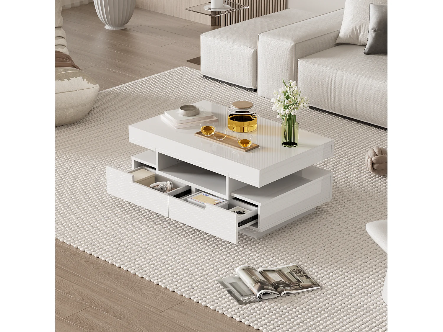 Salontafel 80x50x36 cm, verstelbare LED-strip, 4 laden, 3 open nissen, spaanplaat, wit