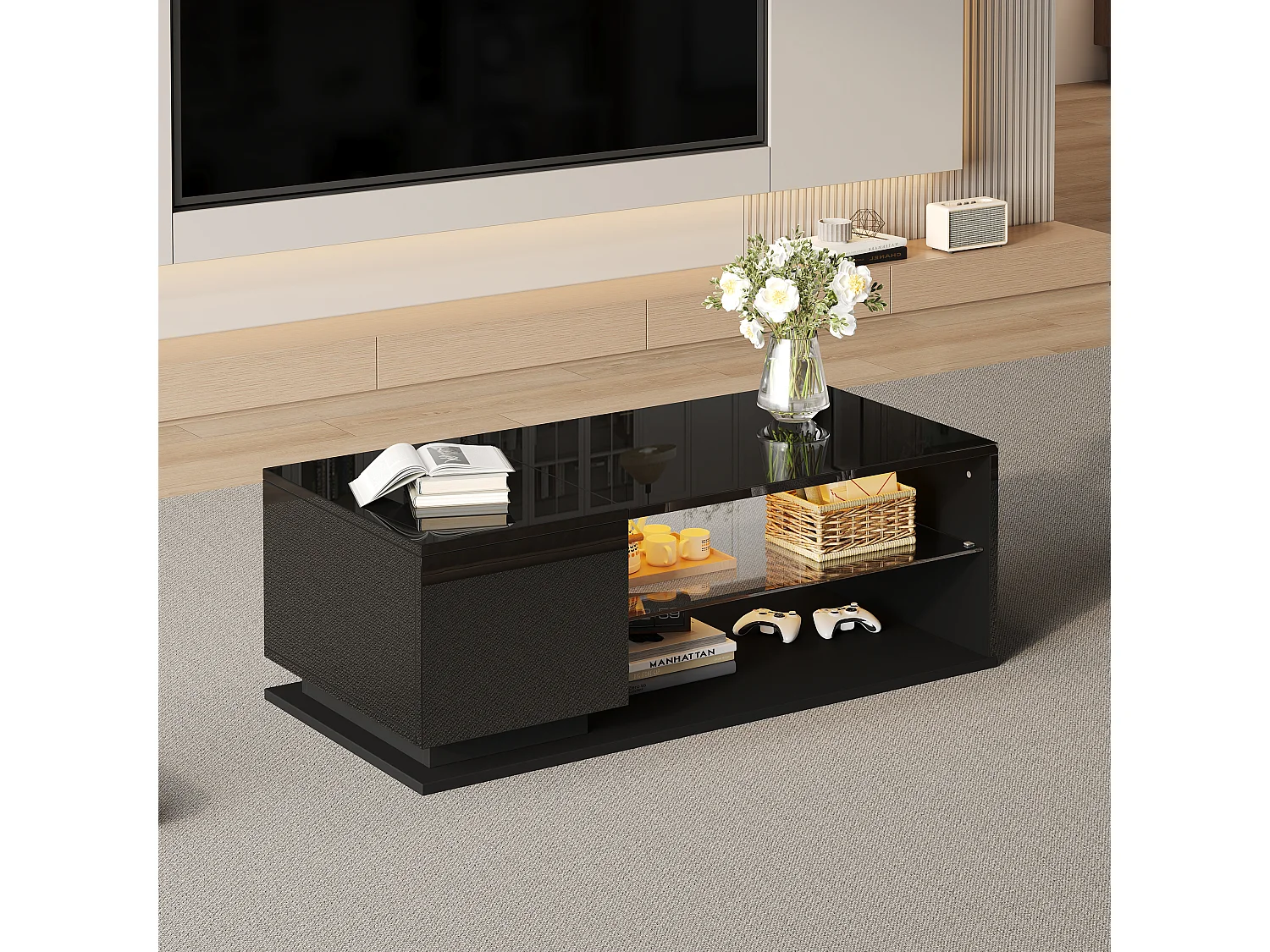 Table basse 105x50x36cm LED brillant avec éclairage intégré et rangement pour salon
