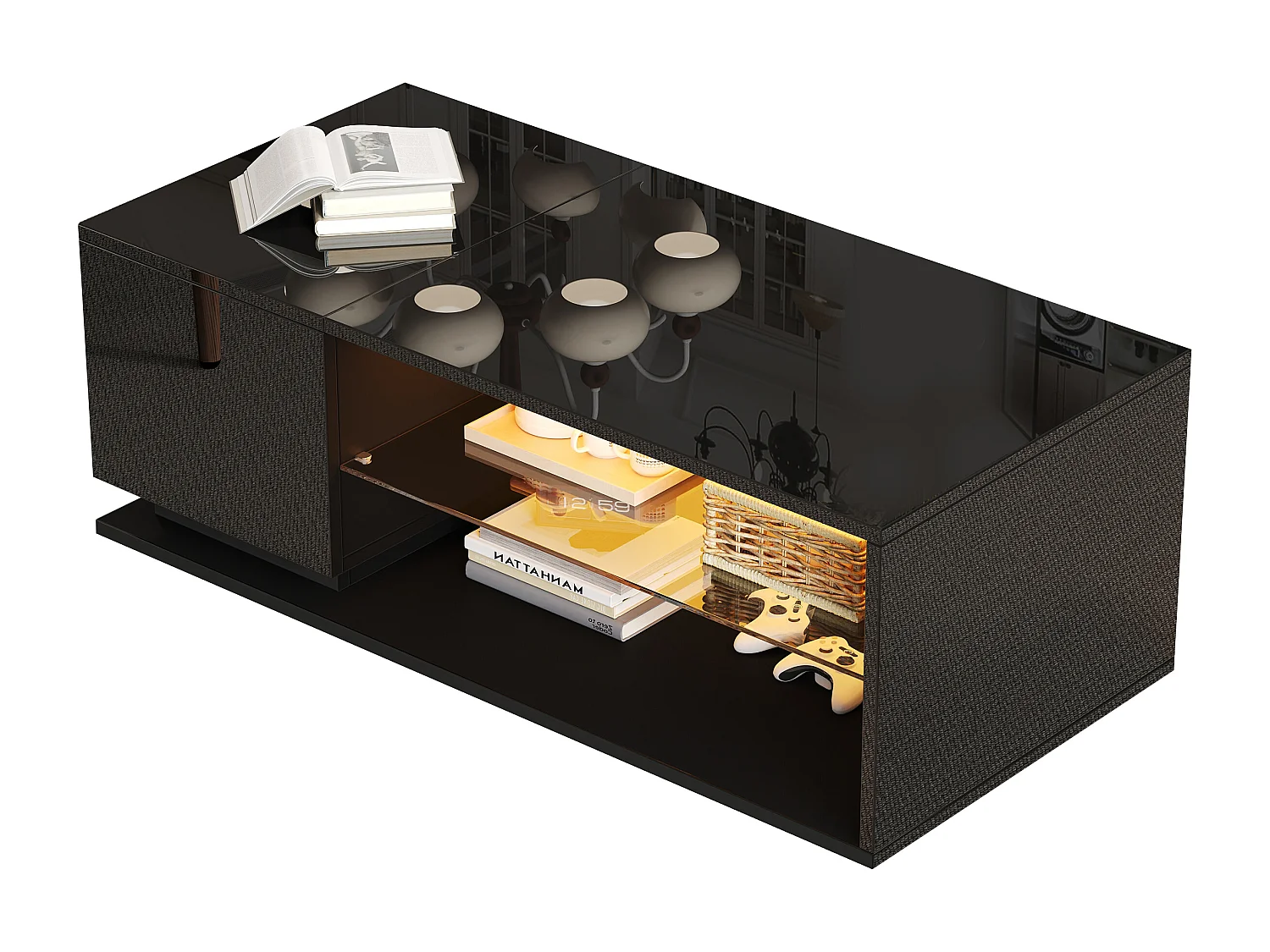 Table basse 105x50x36cm LED brillant avec éclairage intégré et rangement pour salon