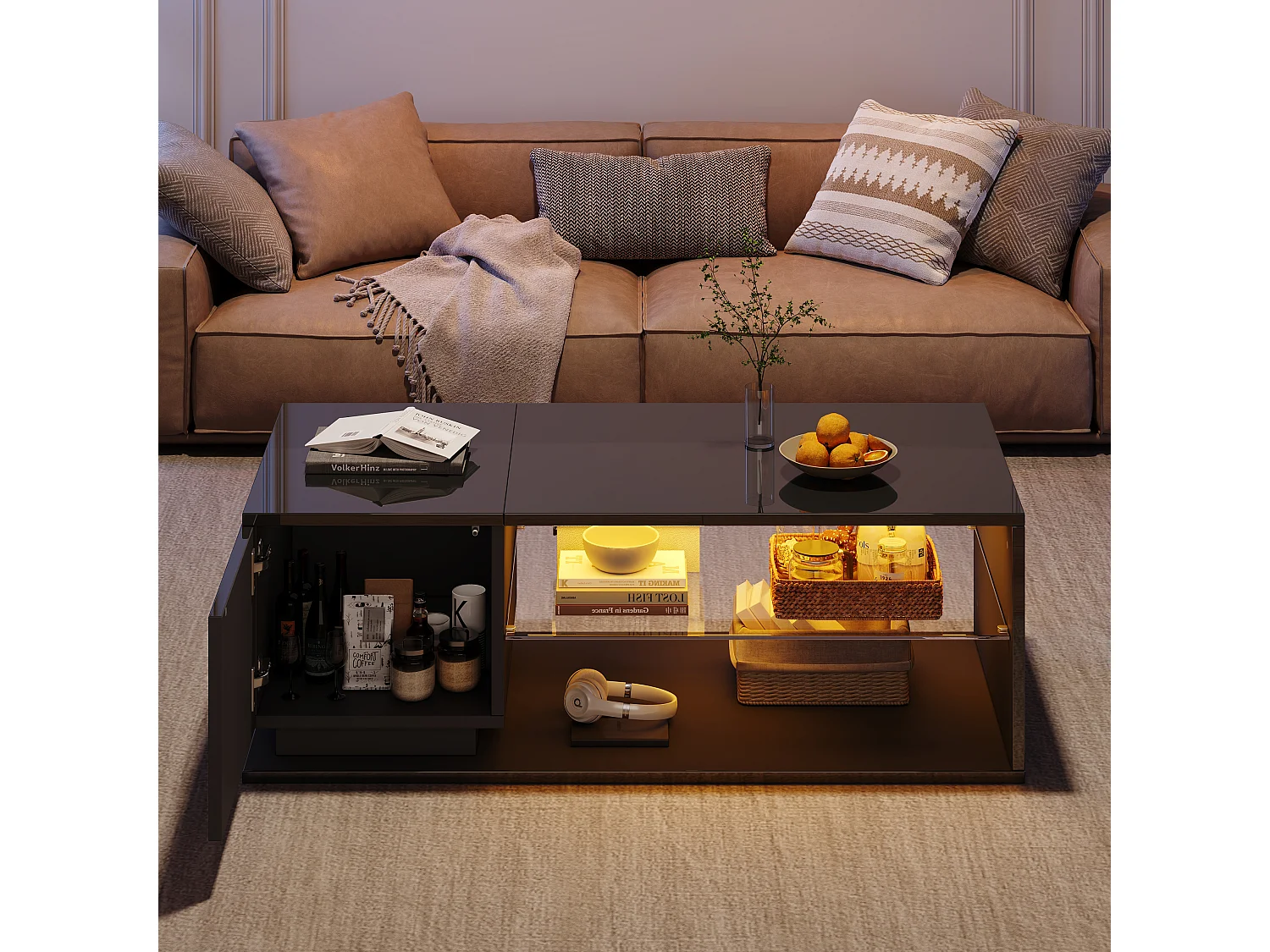 Table basse 105x50x36cm LED brillant avec éclairage intégré et rangement pour salon