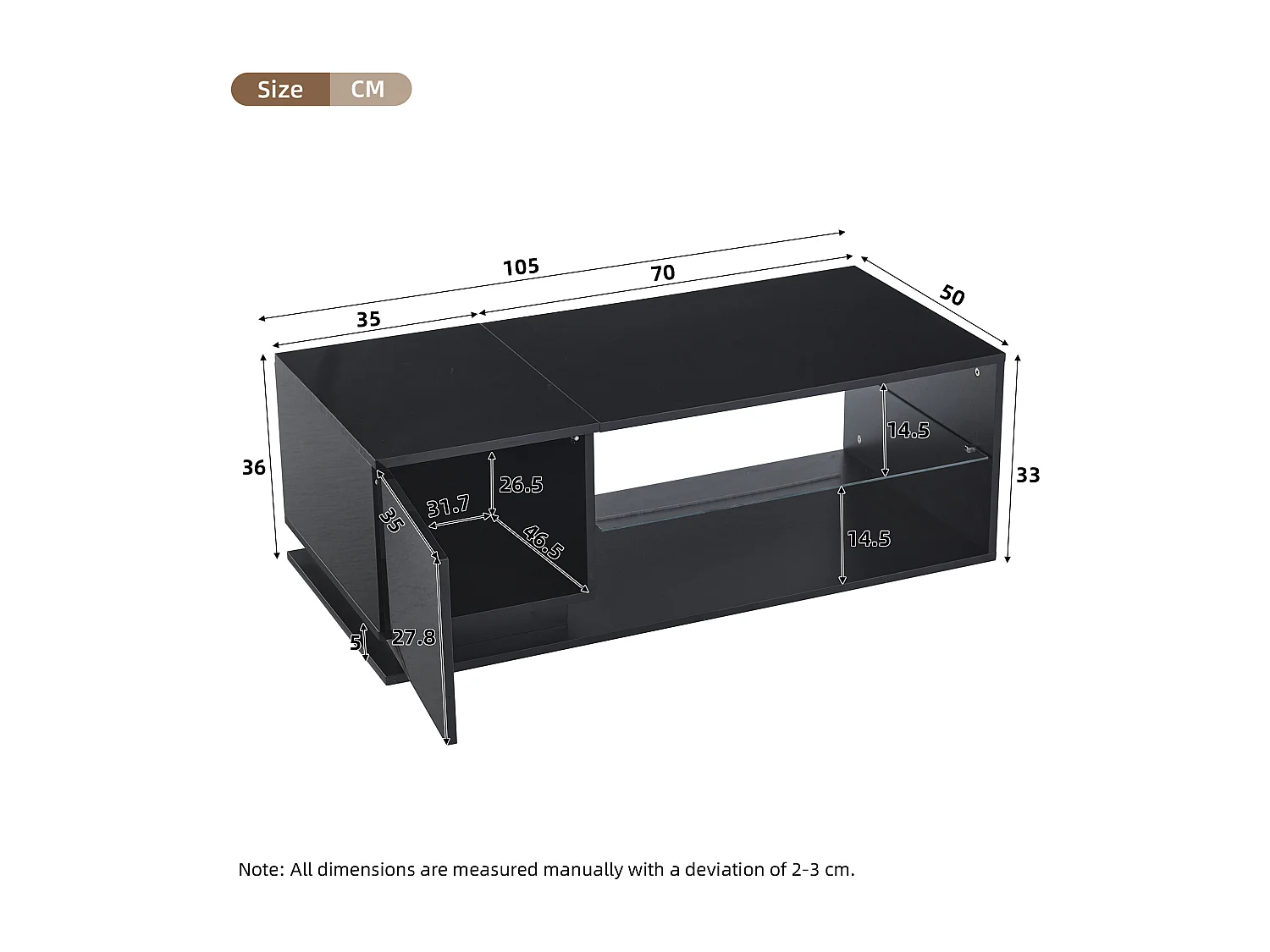 Table basse 105x50x36cm LED brillant avec éclairage intégré et rangement pour salon