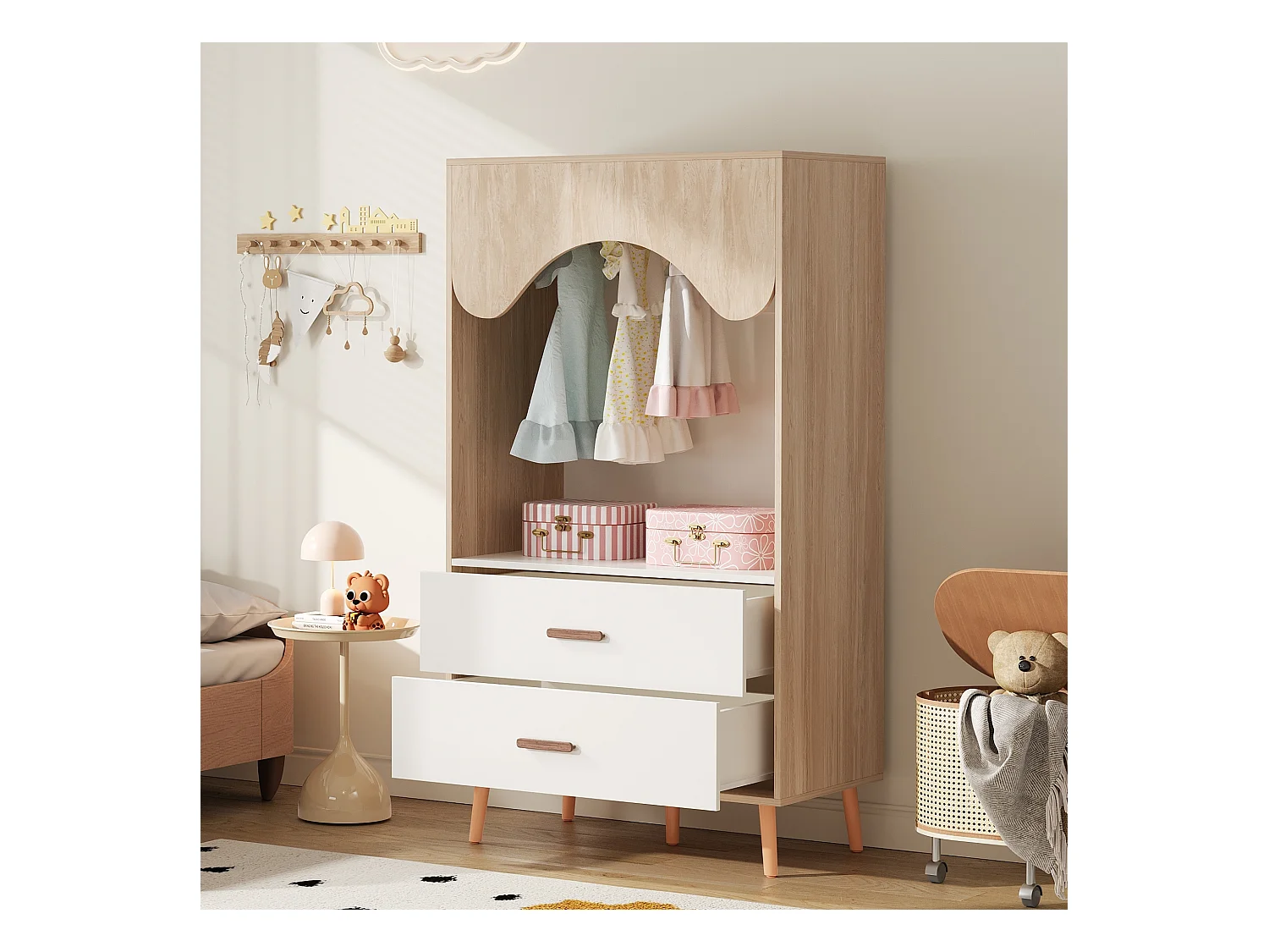 Armoire enfant avec 2 tiroirs et tringle à vêtements, naturel et blanc, design ouvert