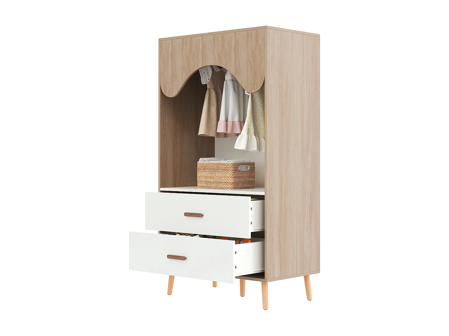 Armoire enfant avec 2 tiroirs et tringle à vêtements, naturel et blanc, design ouvert