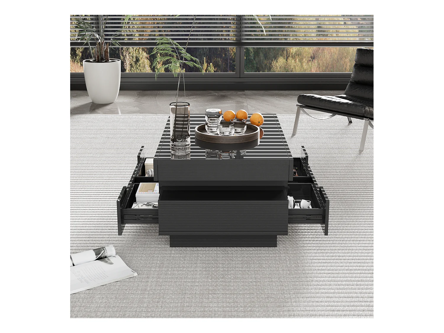 Salontafel 80x50x36cm met LED lichtstrip drie open compartimenten en vier verborgen laden brengen Materiaal Spaanplaat en zwart