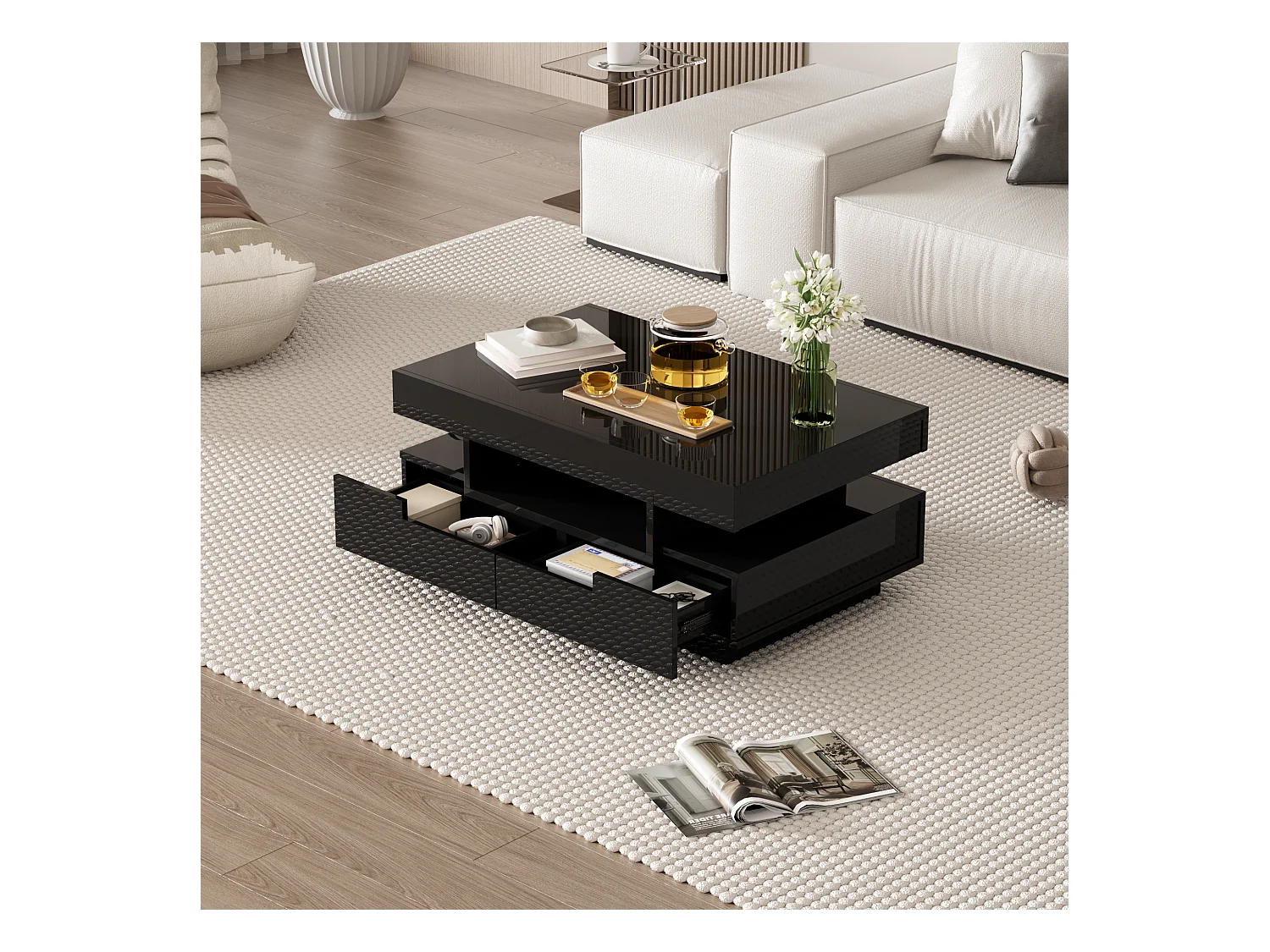 Salontafel 80x50x36cm met LED lichtstrip drie open compartimenten en vier verborgen laden brengen Materiaal Spaanplaat en zwart