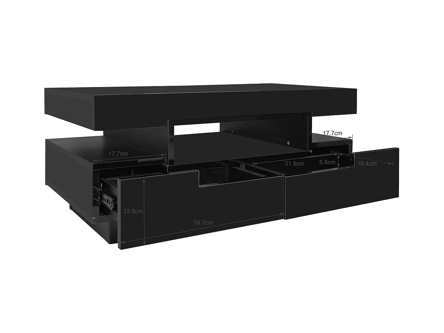 Salontafel 80x50x36cm met LED lichtstrip drie open compartimenten en vier verborgen laden brengen Materiaal Spaanplaat en zwart