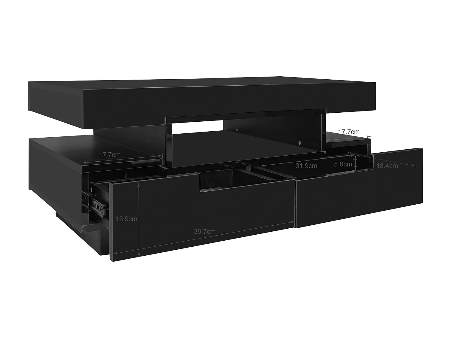 Table basse 80x50x36cm Avec ruban LED Trois compartiments ouverts et quatre tiroirs cachés Matériel Particle Board Noir