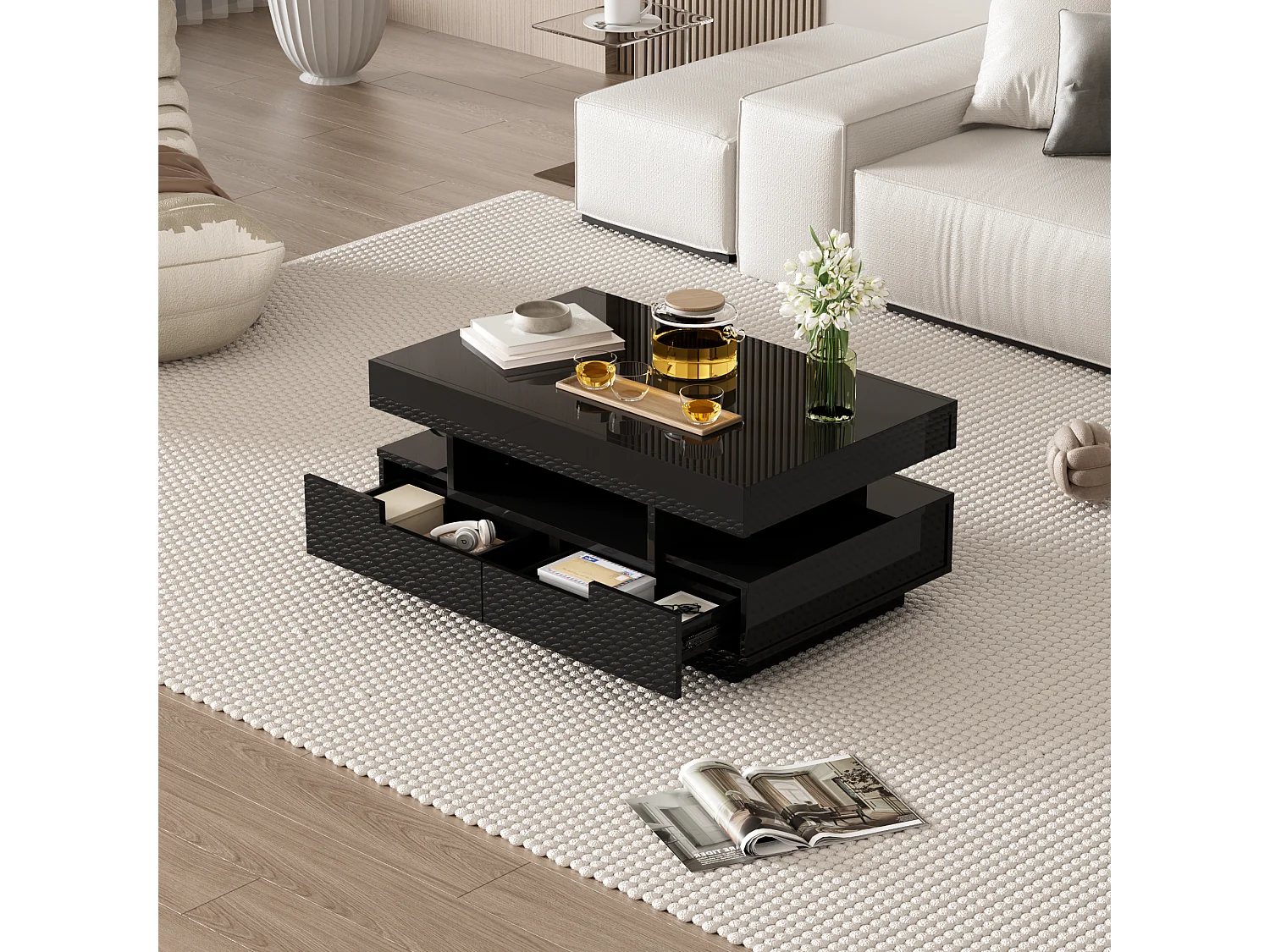 Table basse 80x50x36cm Avec ruban LED Trois compartiments ouverts et quatre tiroirs cachés Matériel Particle Board Noir