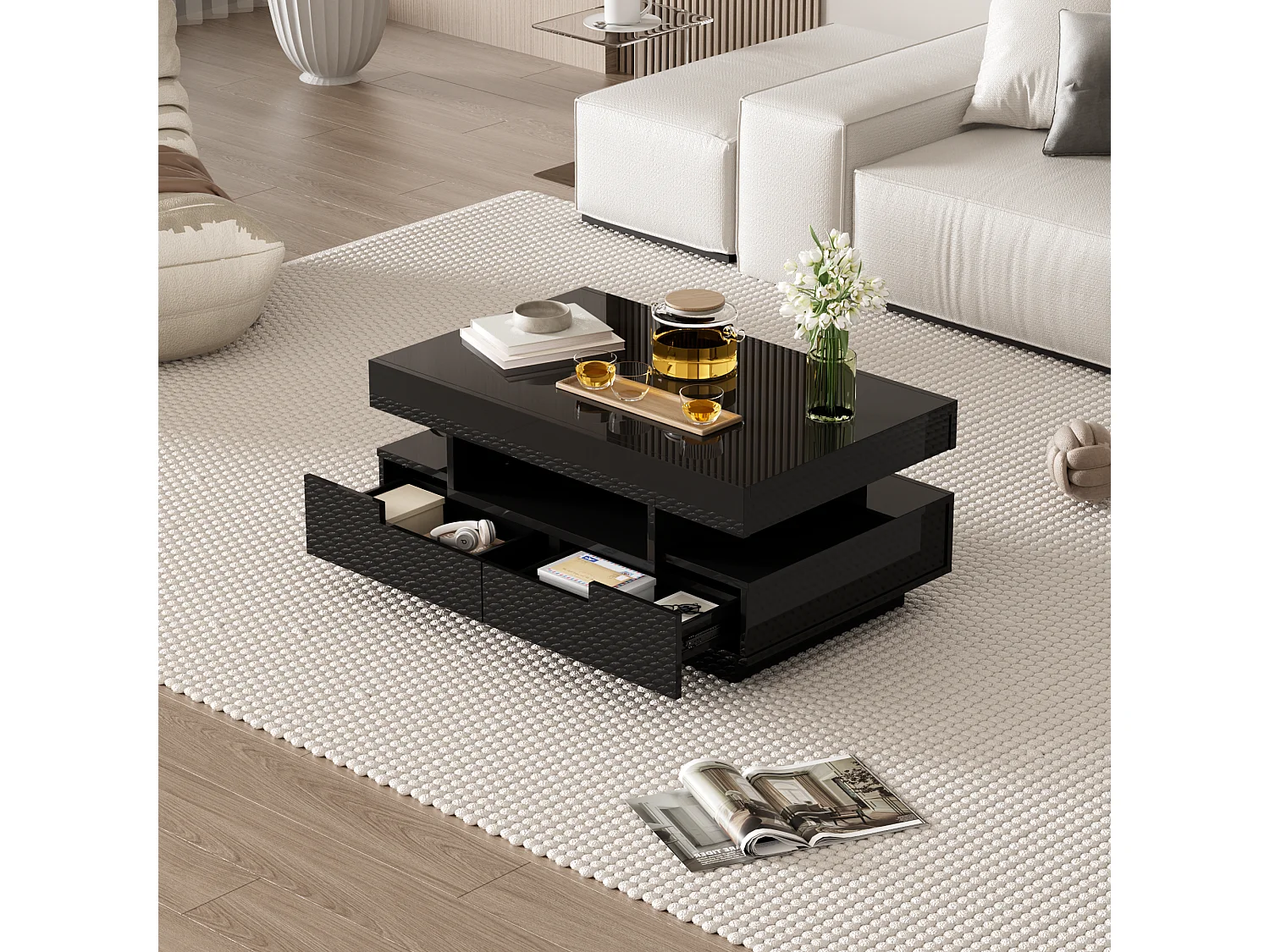 Salontafel 80x50x36 cm, verstelbare LED-strip, 4 laden, 3 open nissen, spaanplaat, zwart