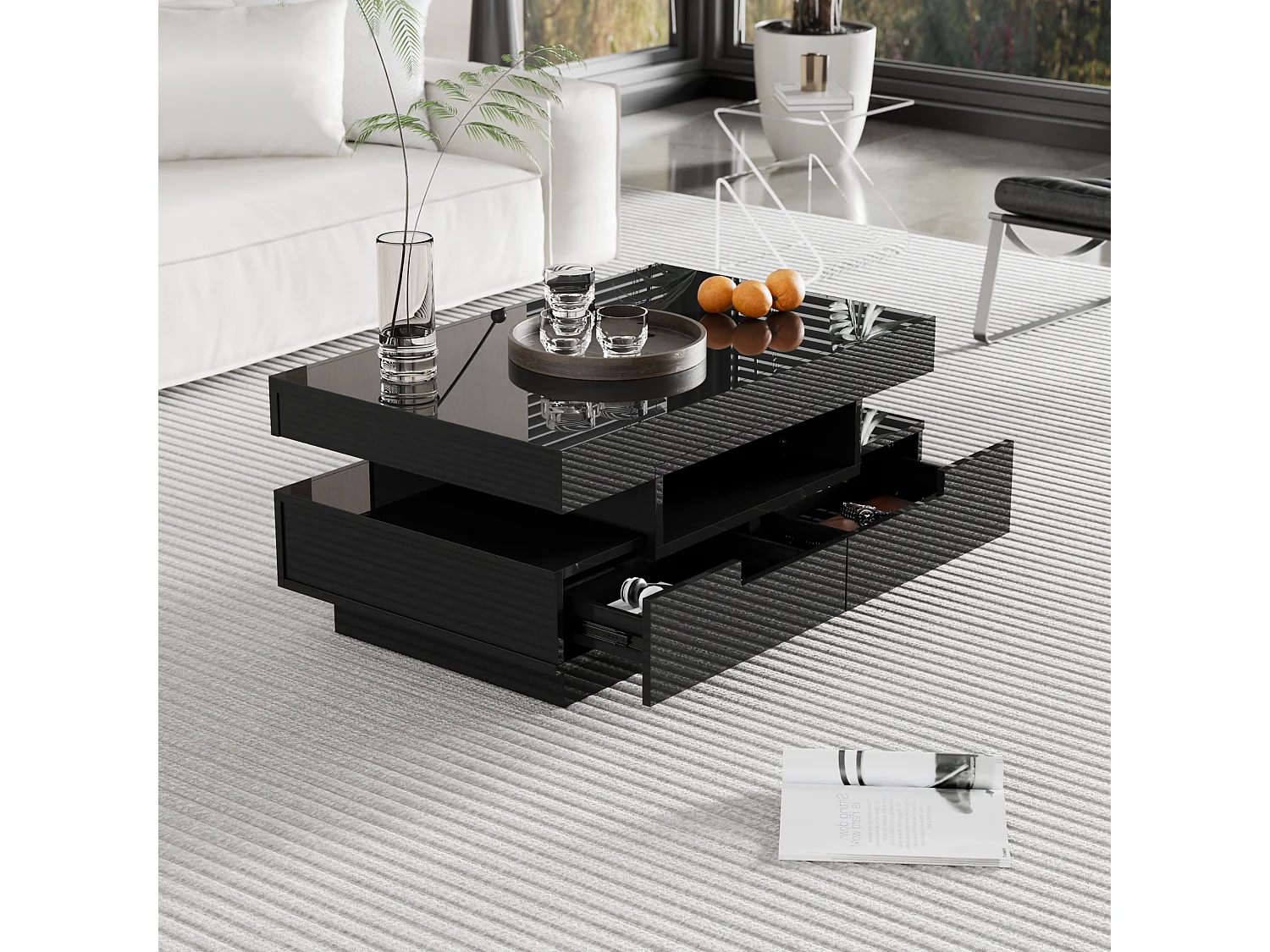 Salontafel 80x50x36 cm, verstelbare LED-strip, 4 laden, 3 open nissen, spaanplaat, zwart