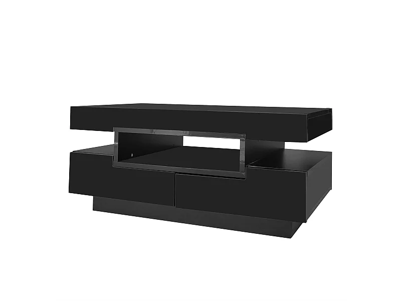 Table basse 80x50x36 cm, bande LED réglable, 4 tiroirs, 3 niches ouvertes, panneau de particules, noir