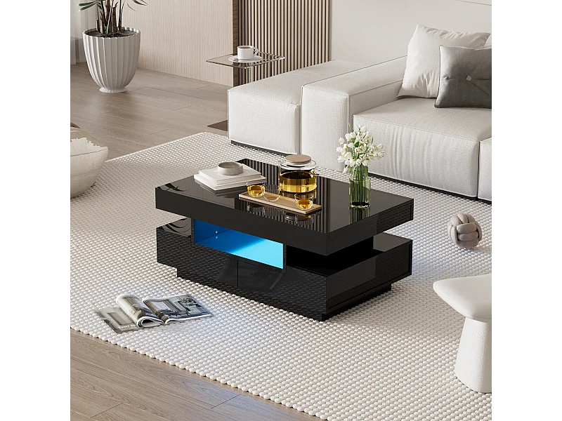 Salontafel 80x50x36cm met LED lichtstrip drie open compartimenten en vier verborgen laden brengen Materiaal Spaanplaat en zwart