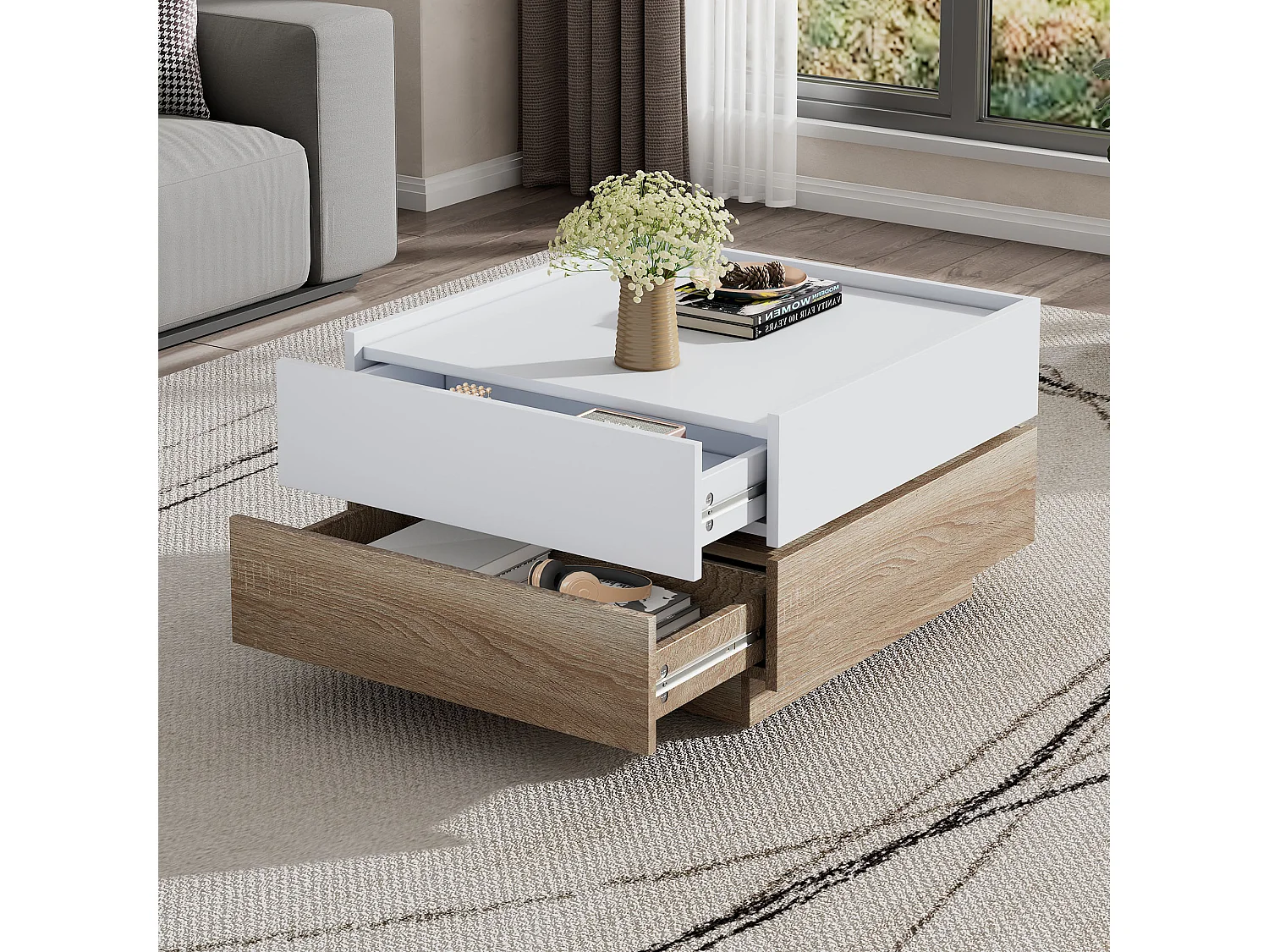 Table basse pivotante 60x60x38cm rotative 360° 2 étages rangement cadre blanc salon moderne