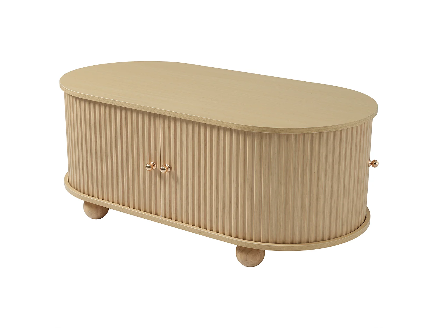 Table basse ovale 100x50x40 cm, rangement intégré, portes coulissantes, MDF, bois