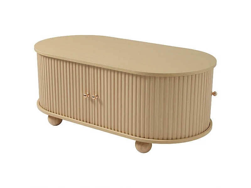 Table basse ovale 100x50x40 cm, rangement intégré, portes coulissantes, MDF, bois