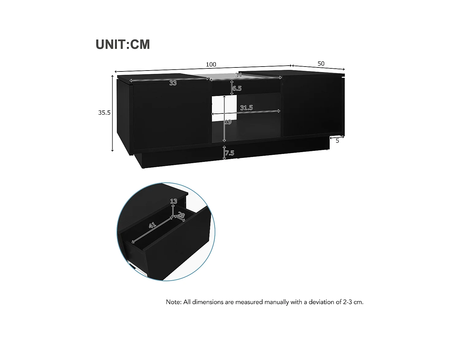 Table basse 100x50x35.5 cm LED verre 2 tiroirs 1 compartiment noire pour salon