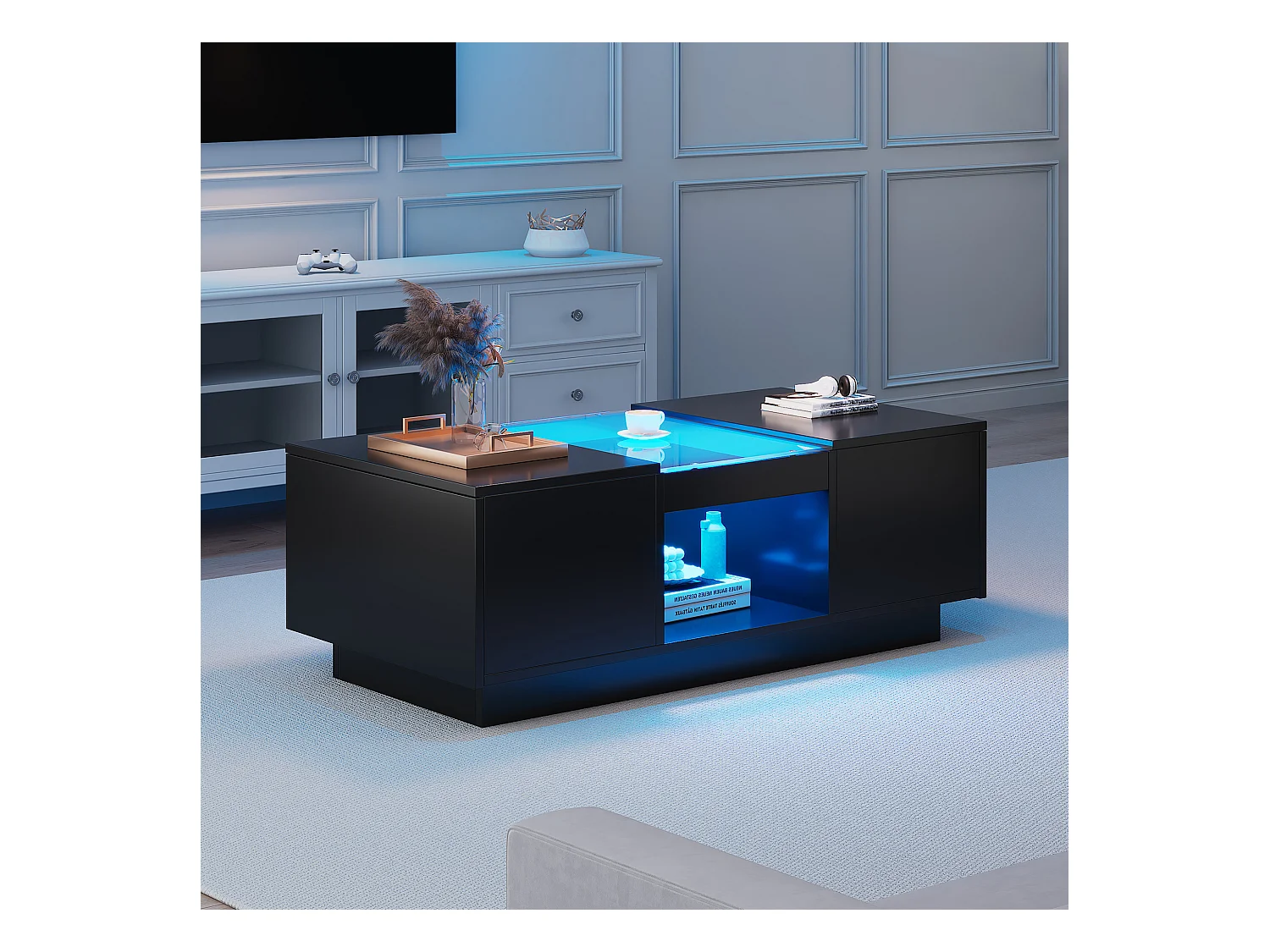 Table basse 100x50x35.5 cm LED verre 2 tiroirs 1 compartiment noire pour salon
