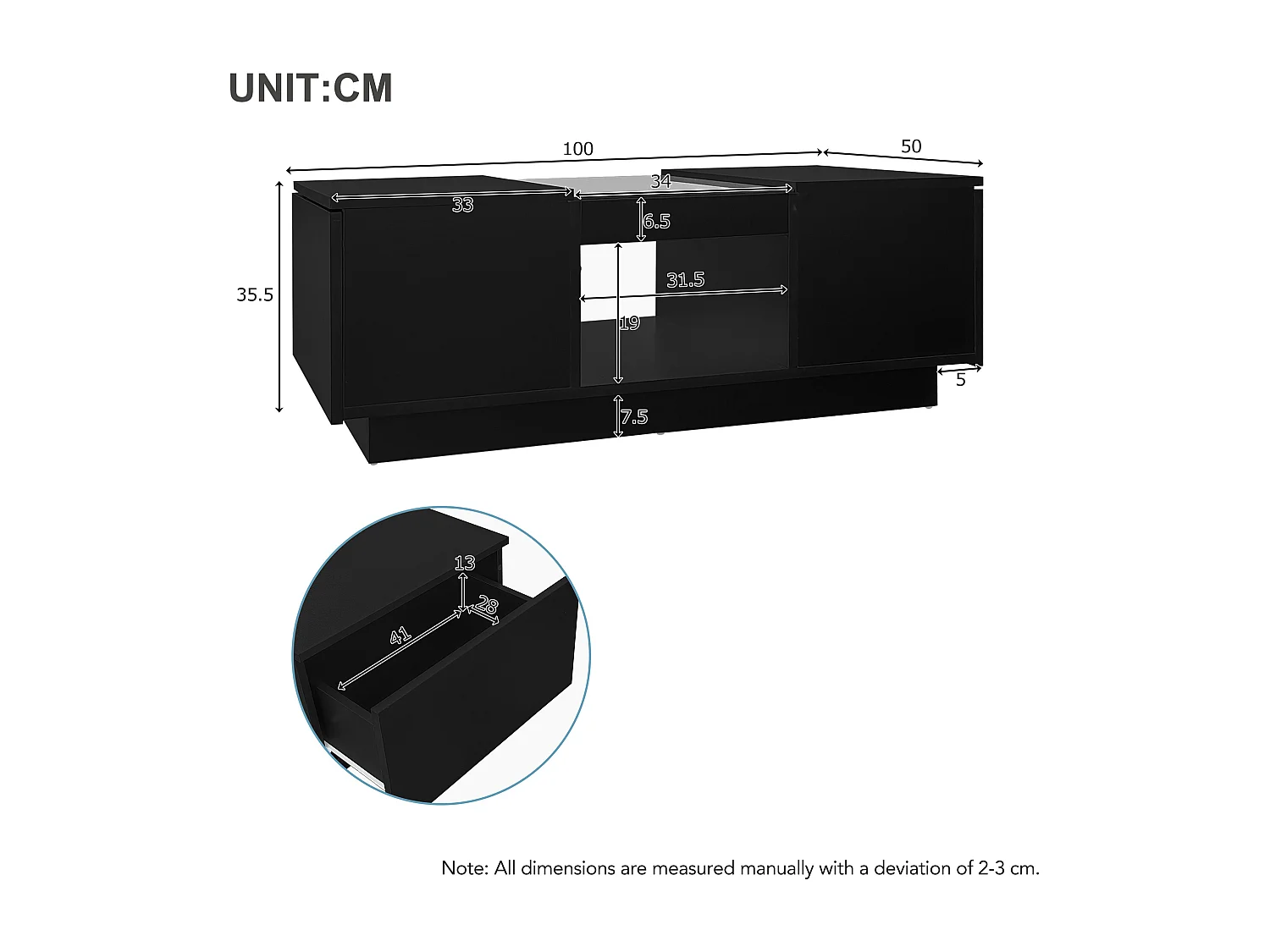 Table basse 100x50x35.5 cm LED verre 2 tiroirs 1 compartiment noire pour salon