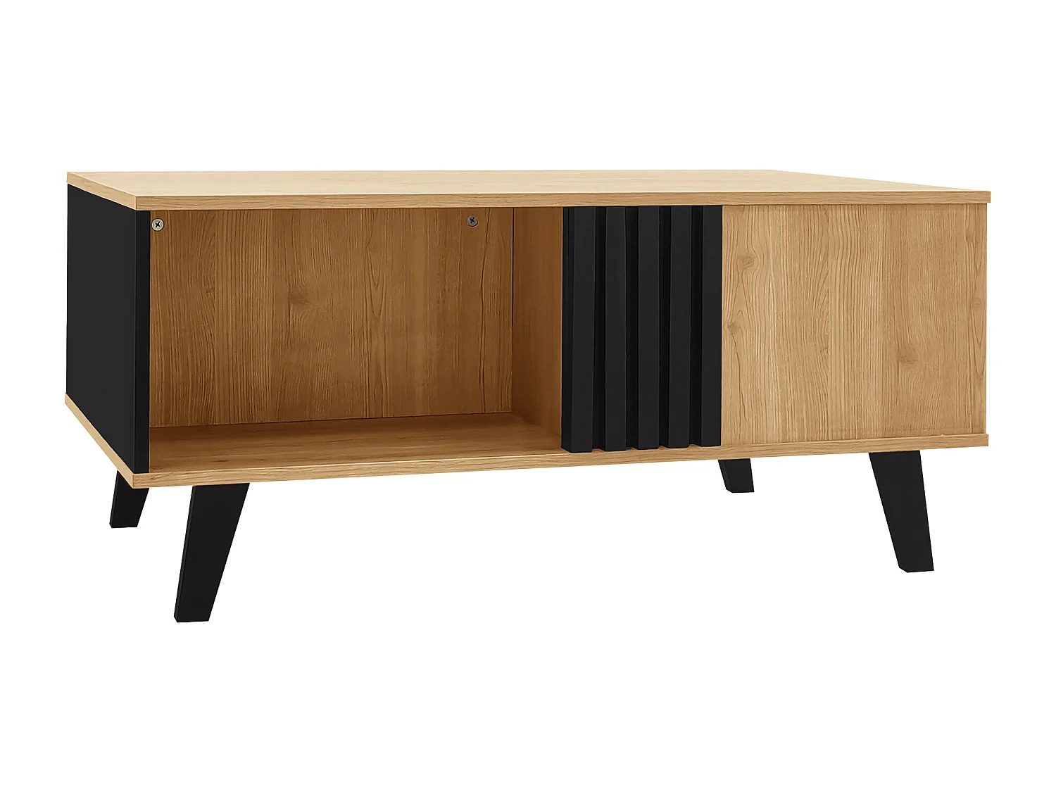 Table basse 100x60x45 cm, rangement à 3 compartiments, design bois et noir, verre et panneaux de particules, naturel