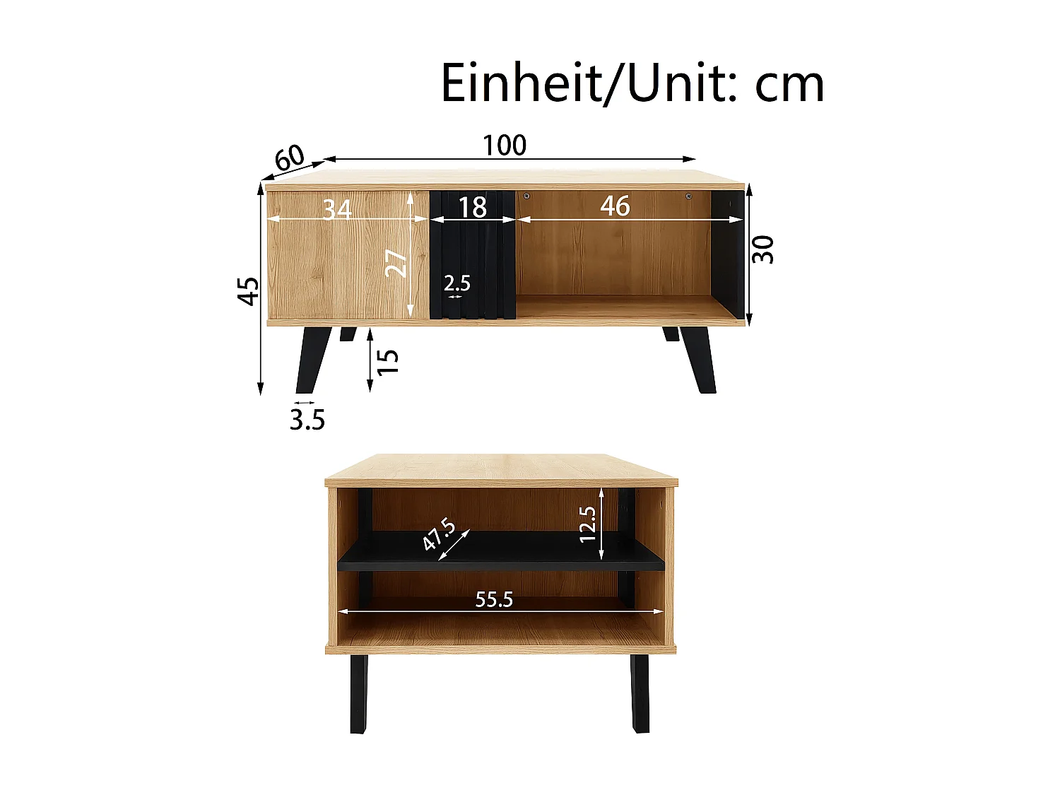 Table basse 100x60x45 cm, rangement à 3 compartiments, design bois et noir, verre et panneaux de particules, naturel