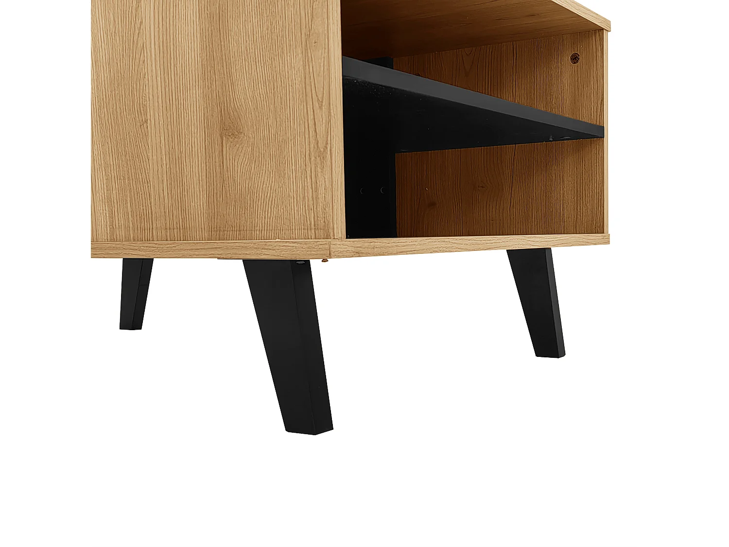 Table basse 100x60x45 cm, rangement à 3 compartiments, design bois et noir, verre et panneaux de particules, naturel