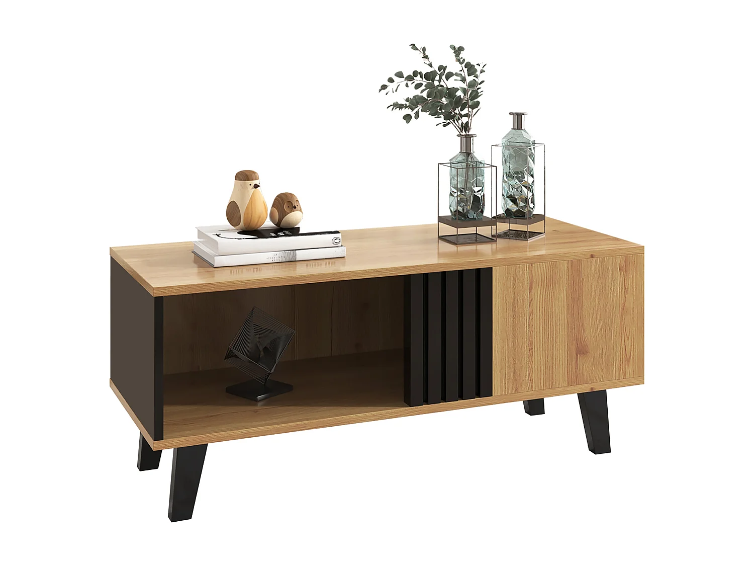 Table basse 100x60x45 cm, rangement à 3 compartiments, design bois et noir, verre et panneaux de particules, naturel