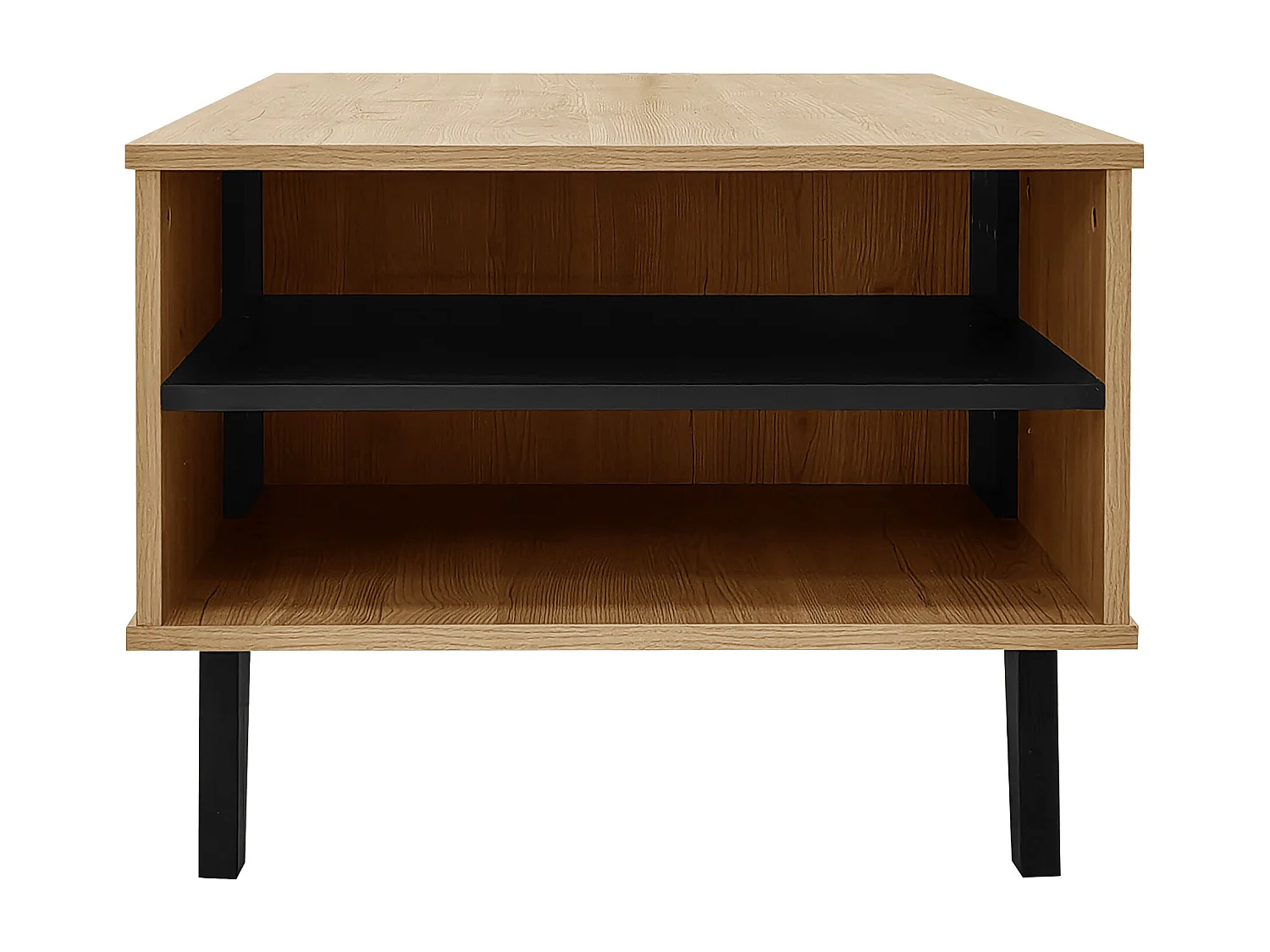 Table basse 100x60x45 cm, rangement à 3 compartiments, design bois et noir, verre et panneaux de particules, naturel