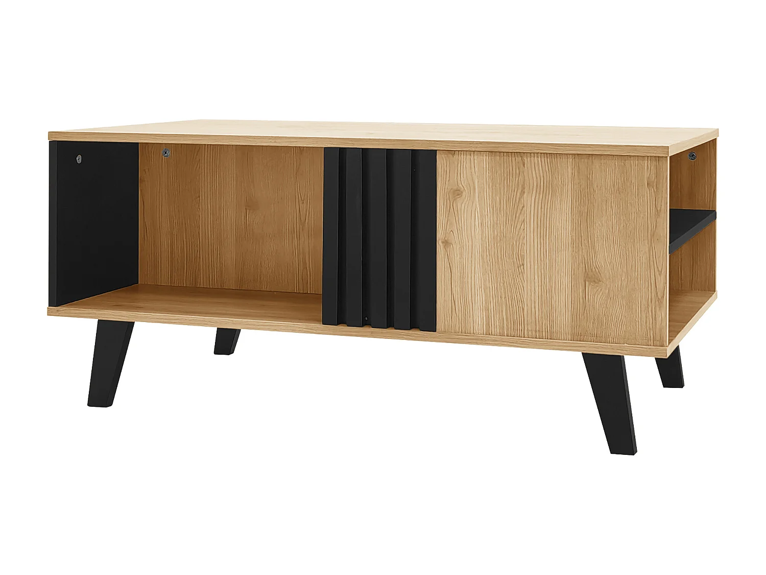 Table basse 100x60x45 cm, rangement à 3 compartiments, design bois et noir, verre et panneaux de particules, naturel