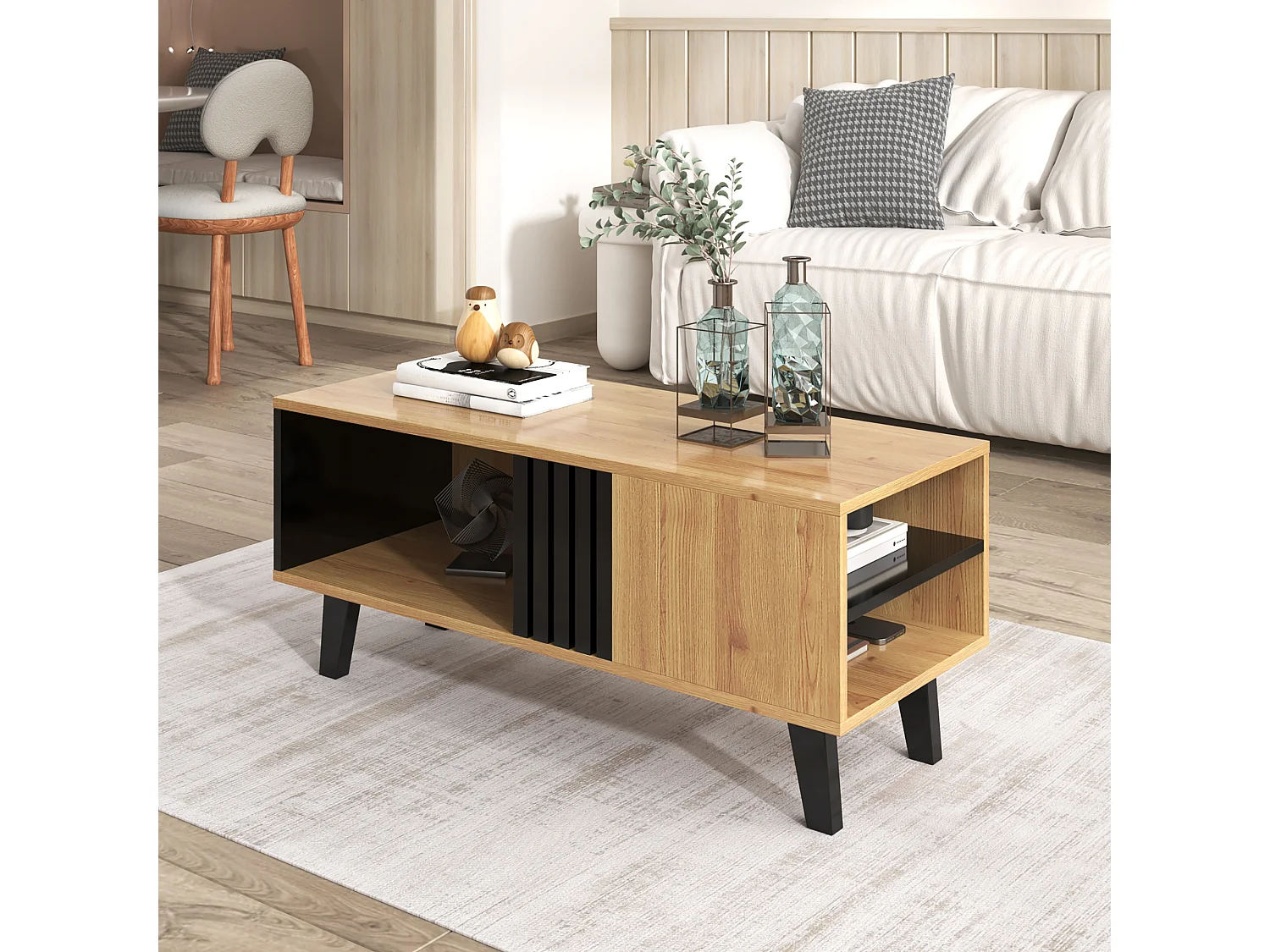 Table basse 100x60x45 cm, rangement à 3 compartiments, design bois et noir, verre et panneaux de particules, naturel