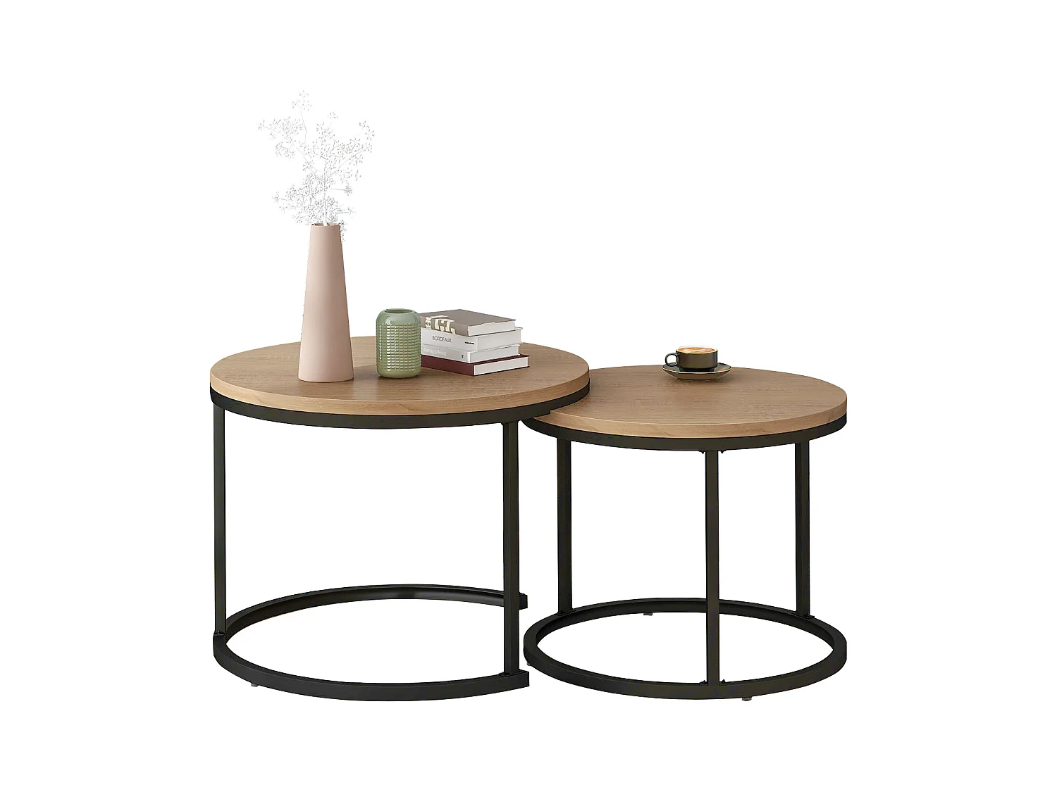 Set van 2 ronde in elkaar passende eikenhouten salontafels voor de woonkamer