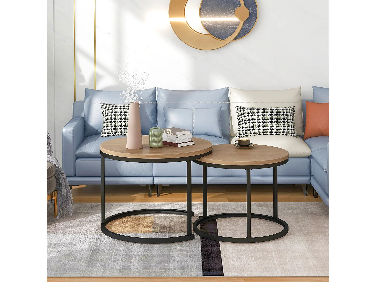 Lot de 2 tables basses rondes emboîtables en Chêne pour salon