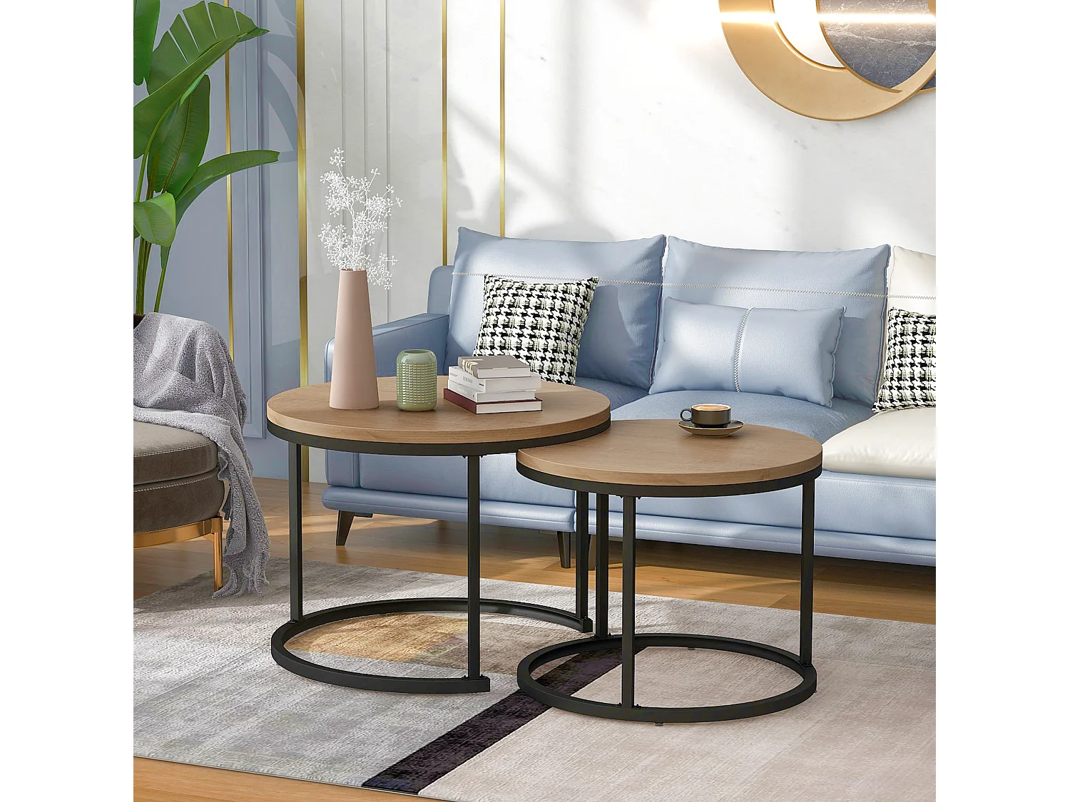 Lot de 2 tables basses rondes emboîtables en Chêne pour salon