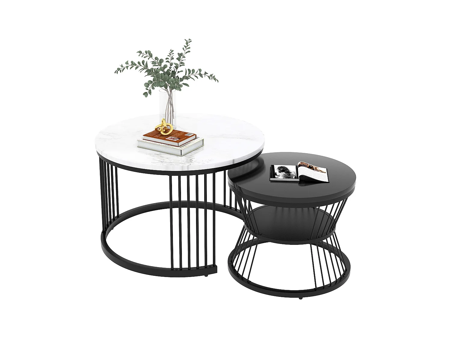 Set van 2 in elkaar passende salontafels met glanzende marmeren afwerking en elegant zwart frame voor de woonkamer