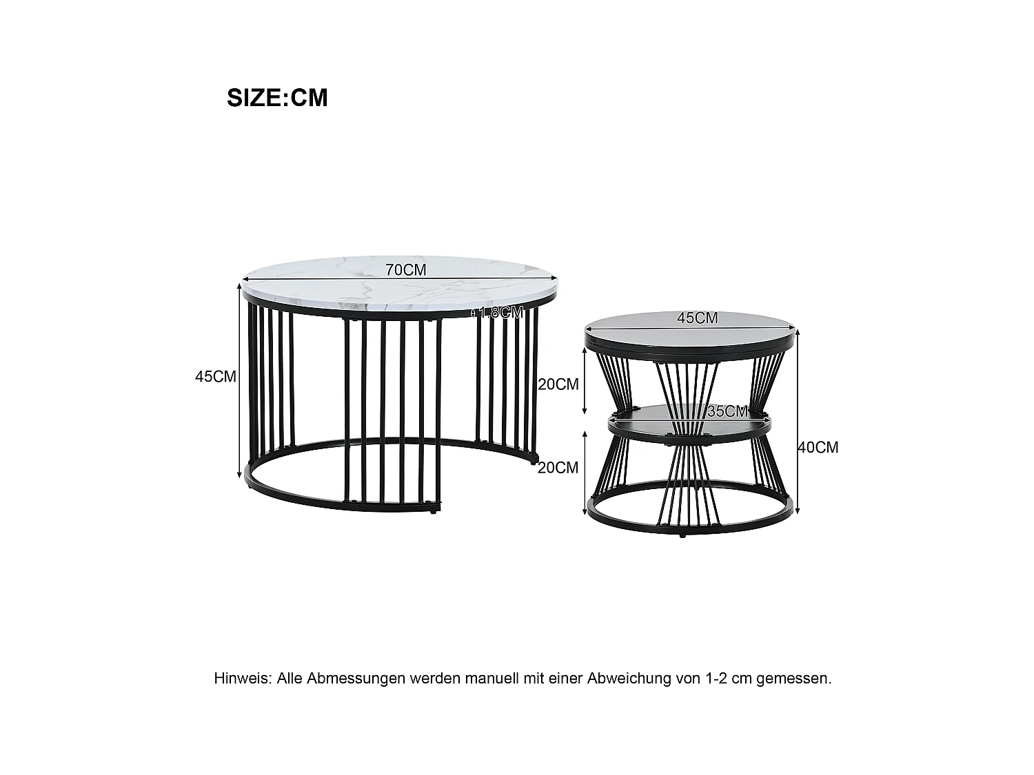 Set van 2 in elkaar passende salontafels met glanzende marmeren afwerking en elegant zwart frame voor de woonkamer