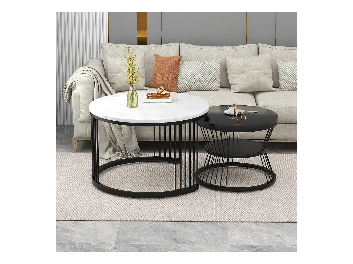 Set van 2 in elkaar passende salontafels met glanzende marmeren afwerking en elegant zwart frame voor de woonkamer