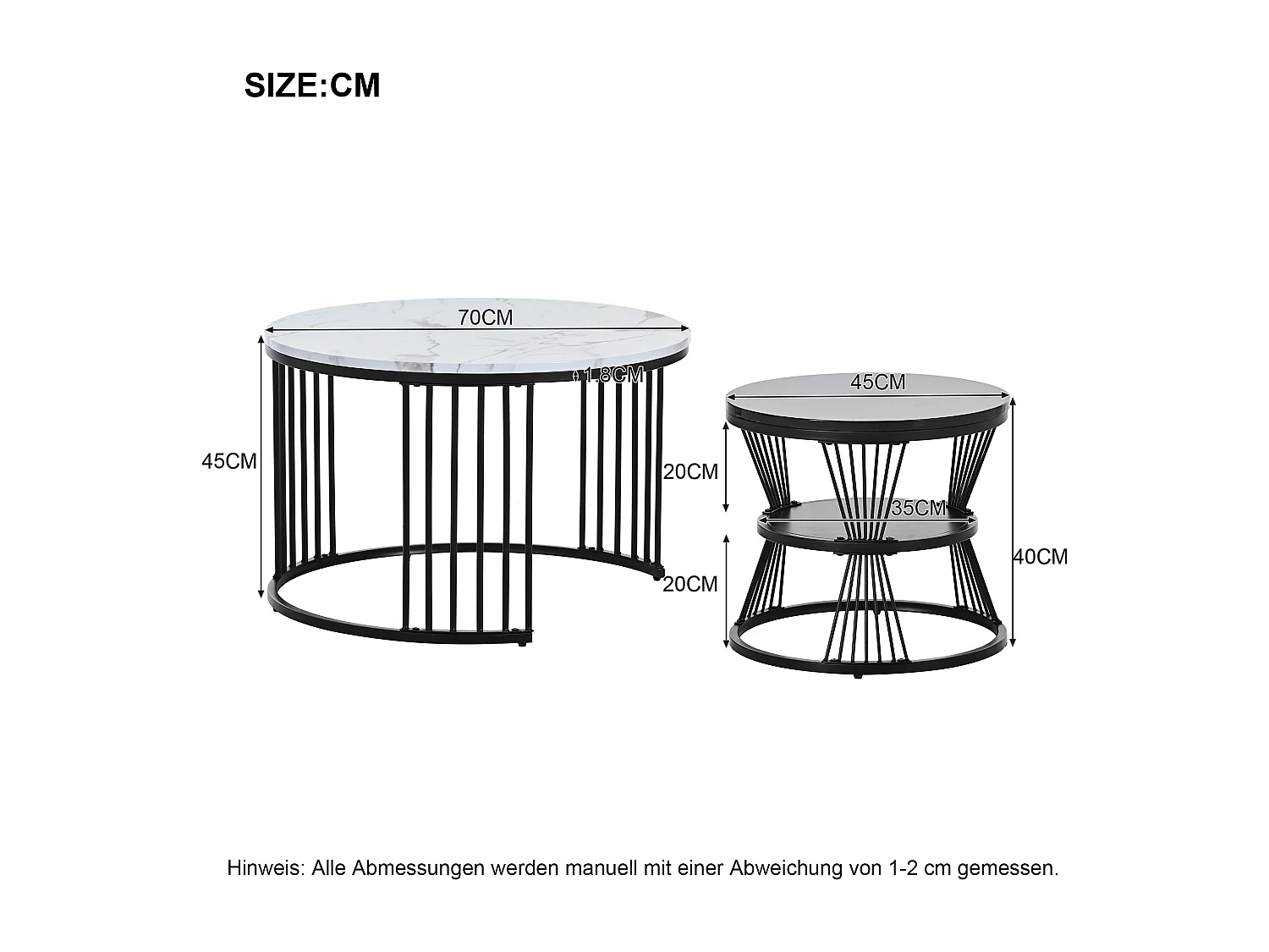 Set van 2 in elkaar passende salontafels met glanzende marmeren afwerking en elegant zwart frame voor de woonkamer