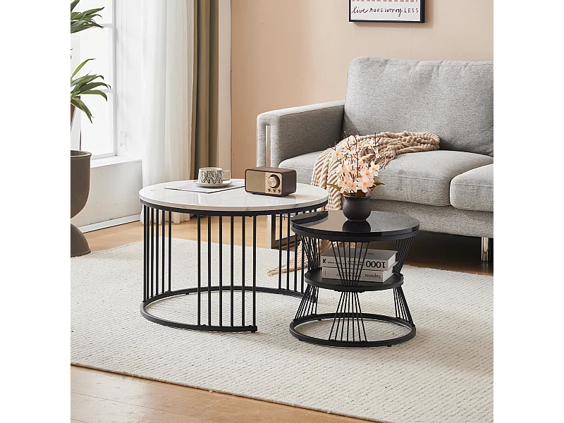 Lot de 2 tables basses emboîtables brillant finition marbre structure noire pour salon