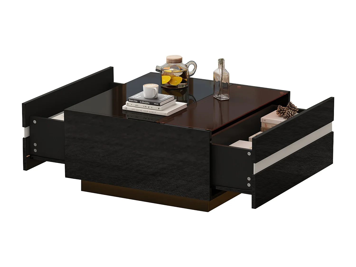 Table basse 70x70x36 cm LED 2 tiroirs design géométrique verre trempé noir salon contemporain