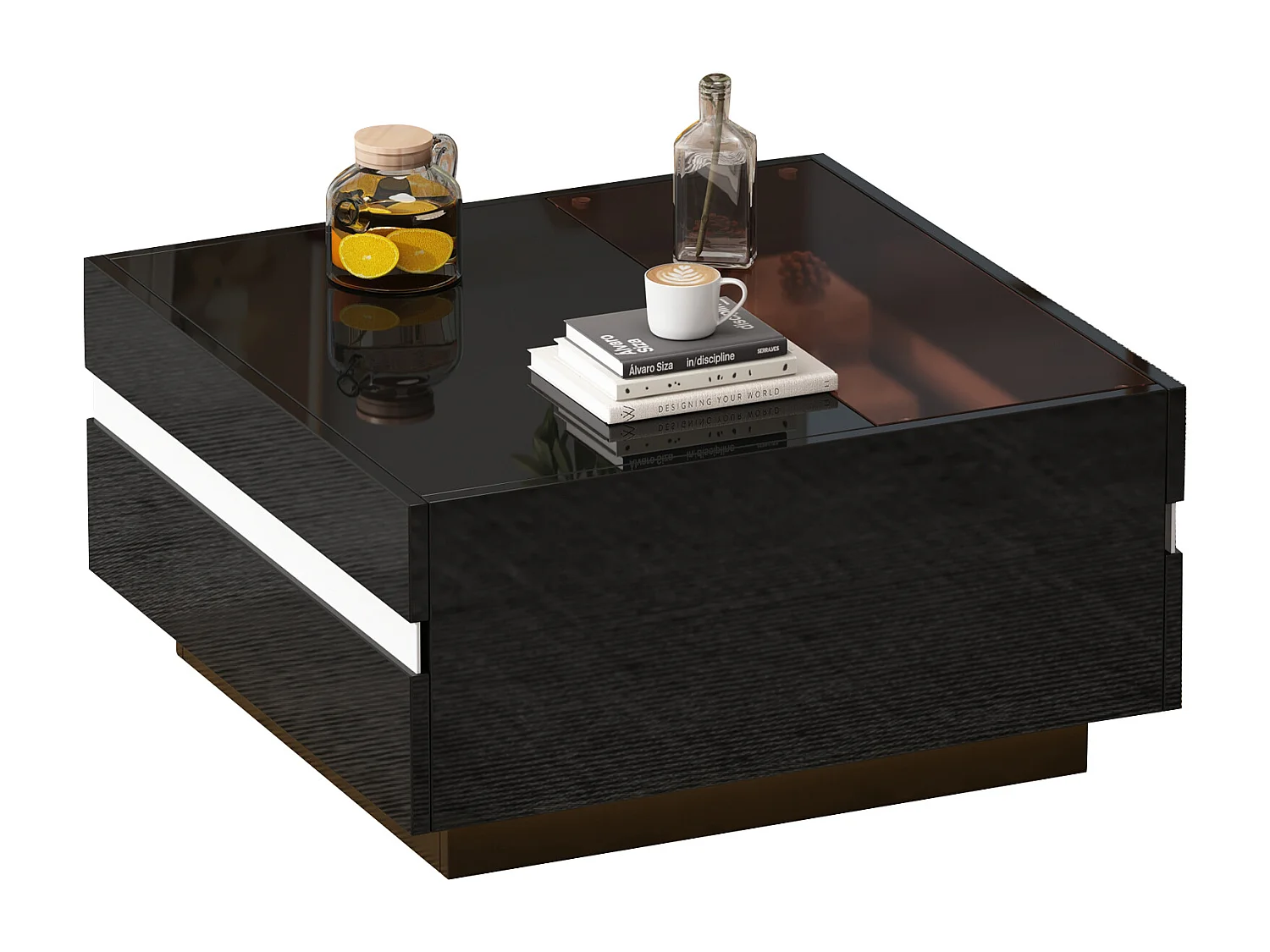 Table basse 70x70x36 cm LED 2 tiroirs design géométrique verre trempé noir salon contemporain